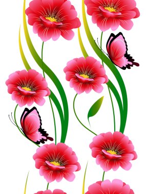 Pembe çiçekler ve kelebekler ile dikey seamless modeli.