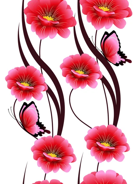 Varrat nélküli függőleges minta rózsaszín virágok és a pillangók. — Stock Vector
