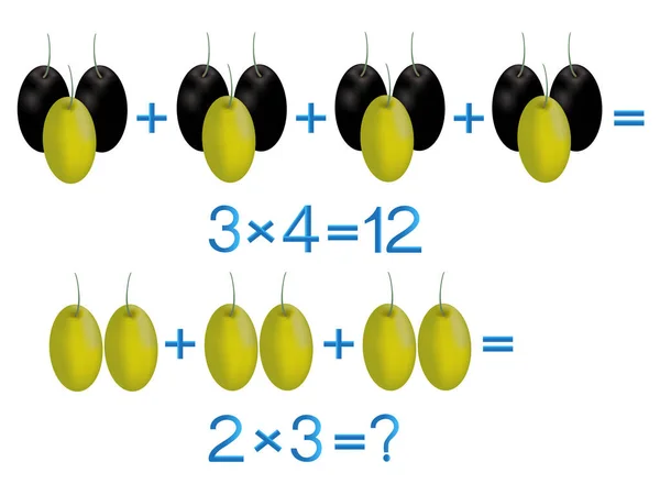 Lernspiele Für Kinder Multiplikationsaktionen Beispiel Oliven — Stockvektor