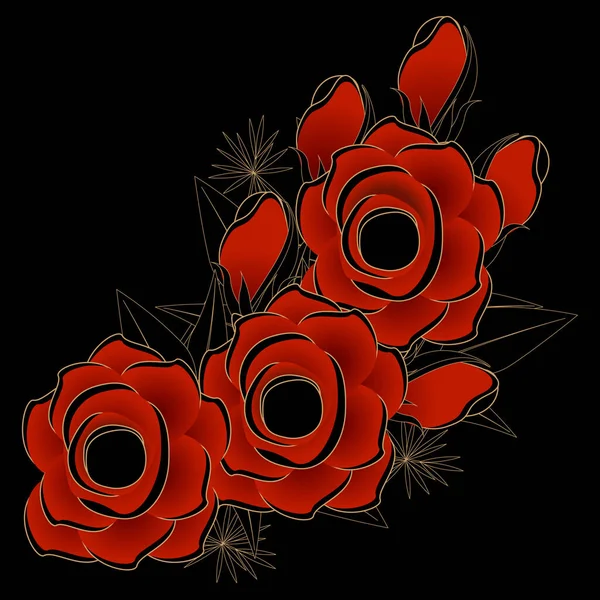 Bouquet Rose Rosse Sfondo Nero — Vettoriale Stock