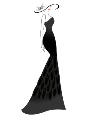 An elegant woman in a black dress and a hat.