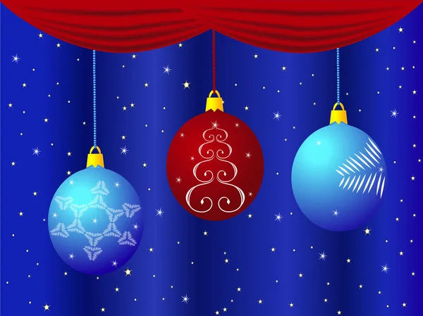 Juguetes de Navidad sobre fondo azul con cortinas y estrellas . — Vector de stock