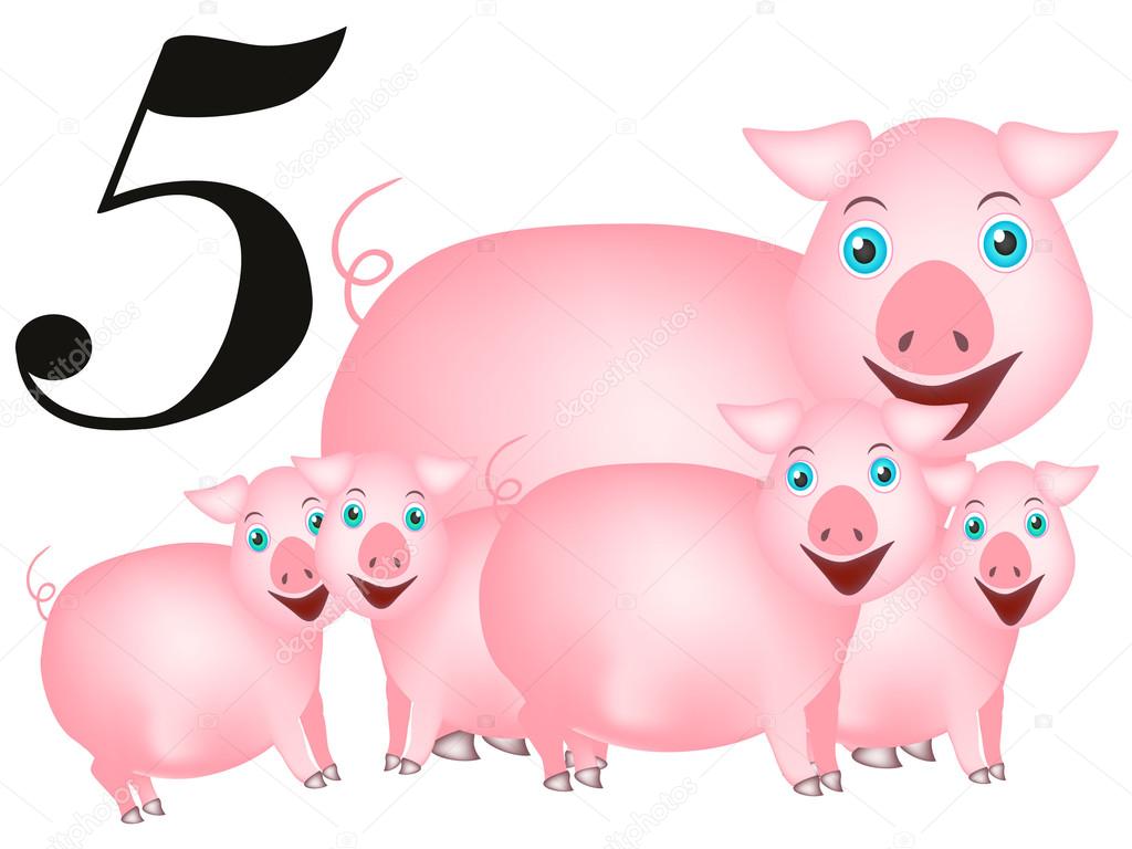 Collection Number For Kids Animals Farm Number Five Pigs — Stock