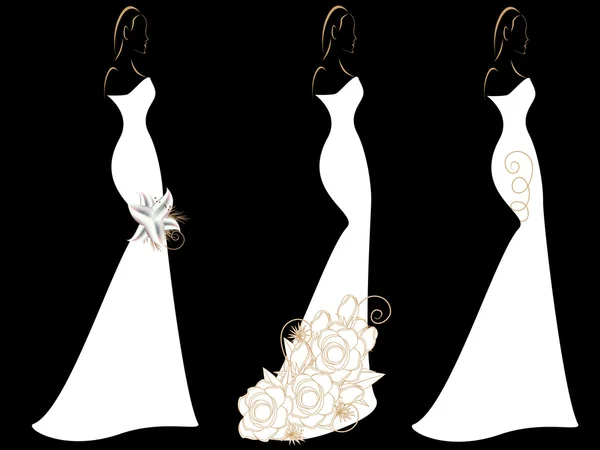 Conjunto de siluetas de mujeres en vestidos de novia . — Vector de stock