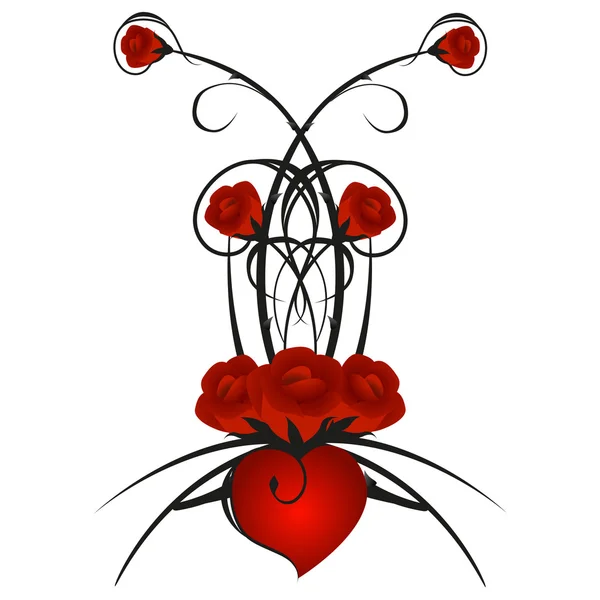 Σχεδιασμός με κόκκινα τριαντάφυλλα και καρδιά. — Διανυσματικό Αρχείο