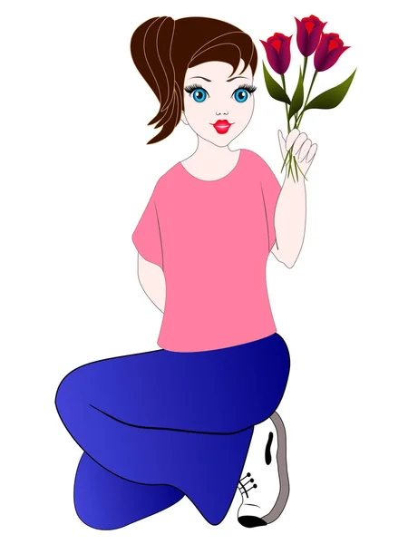 Dívka, která kytici tulipánů. — Stockový vektor