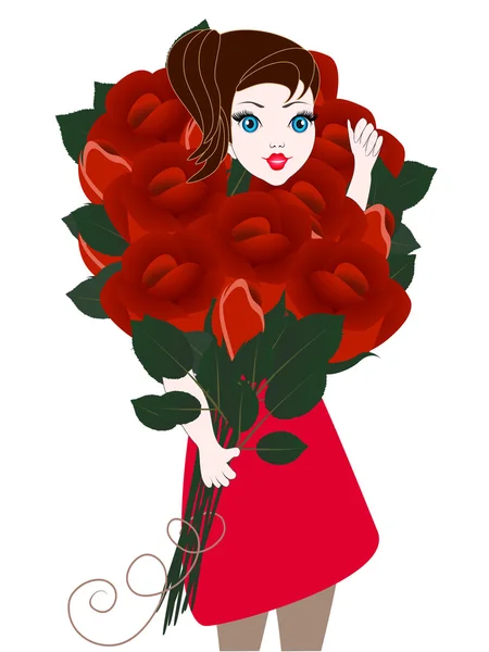 Девушка с большим букетом роз . — стоковый вектор