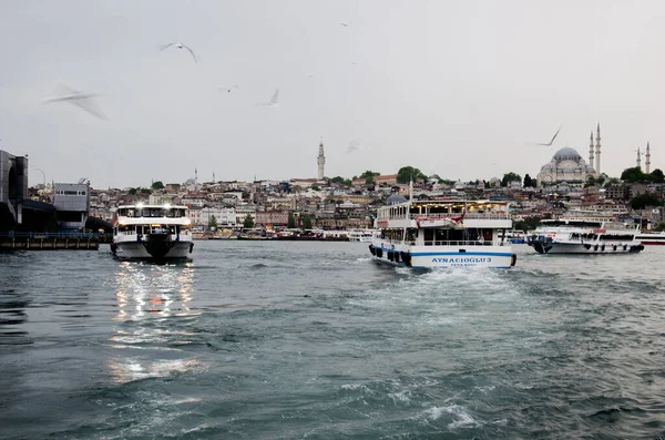 Sera Bosforo Con Navi Gabbiani Istanbul Maggio 2021 — Foto Stock