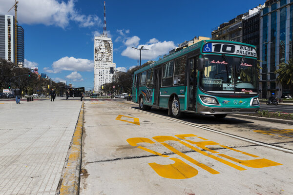 Public bus at the 9 de Julio Avenue in Buenos Aires, Argentina.