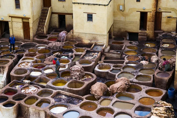 Árvore homem trabalhando em um tanerie na cidade de Fez em Marrocos . — Fotografia de Stock