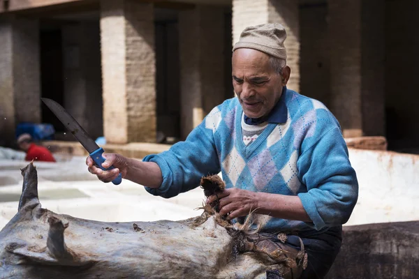 モロッコのフェズの街の皮なめし工場で働く男. — ストック写真