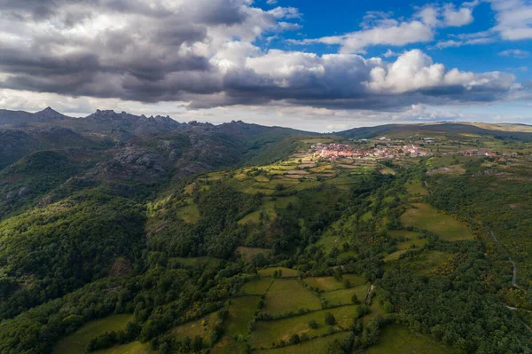 Aerial View Traditional Village Pitoes Das Junias Surrounding Agricultural Fields — Fotografia de Stock