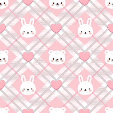 Pembe ekose arka planda sevimli tavşan ve ayı yüzlü, kupa şeklinde kusursuz desenler. Bebek kumaşları, çocuk duvar kağıtları, ambalaj kağıtları ve bebek odası dekorasyonları için mükemmel..