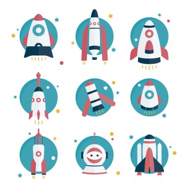 Düz roket ve uzay adam ayarla. Uzay ve seyahat. Proje başlatma.