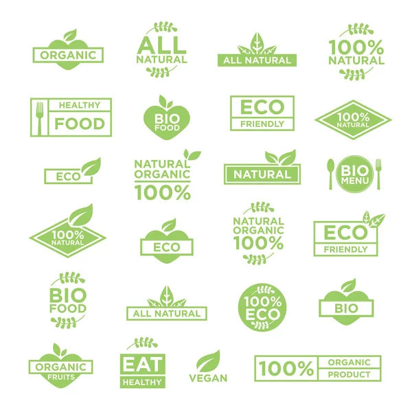 24 Öko-Bio-Logos Set mit Abzeichen, Emblemen und Stempeln Vektor. Vegane, biologische, gesunde Ernährung. — Stockvektor