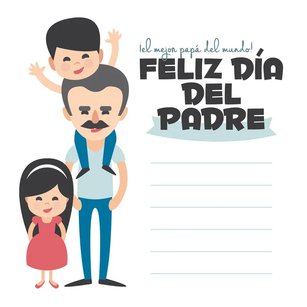 Tarjeta del día de los Padres felices. Conjunto de elementos vectoriales. Papá con bigote e hijos. Escrito en español — Archivo Imágenes Vectoriales