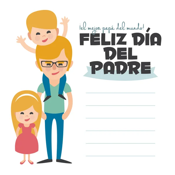 Tarjeta del día de los Padres felices. Conjunto de elementos vectoriales. Papá rubio con hijos. Escrito en español — Archivo Imágenes Vectoriales