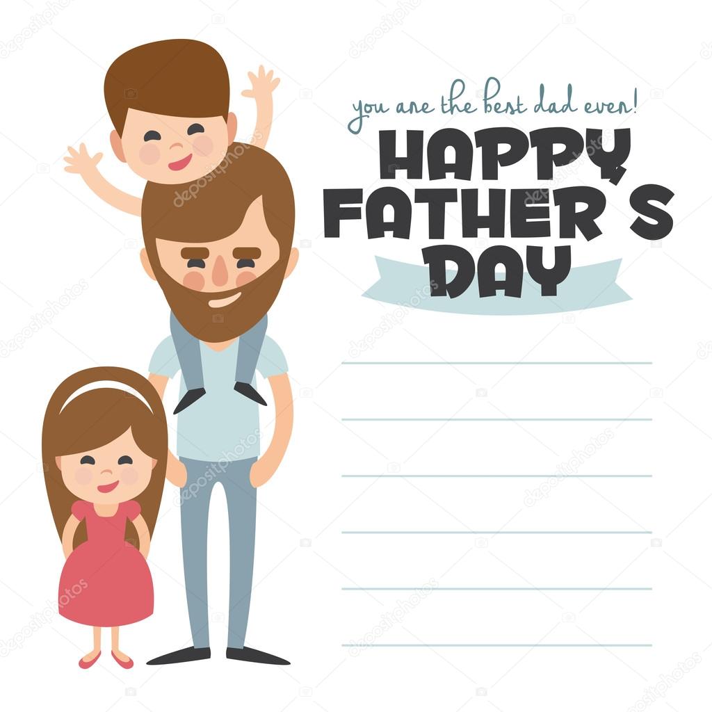 Happy Fathers day card. Vector Element Set. Dad with beard and sons. Written in spanish
