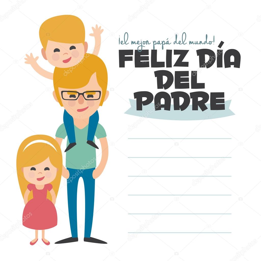 Happy Fathers day card. Vector Element Set. Blond Dad with sons. Written in spanish