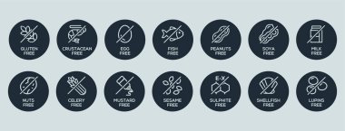 İzole Vektör Logosu İçerik Uyarı Etiketi. Basit Alerjenler simgeleri. Yiyecek Hoşgörüsüzlüğü. İngilizce olarak beyan etmek için gereken 14 alerji maddesi. Boş