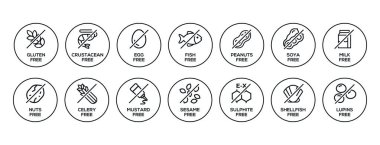 İzole Vektör Logosu İçerik Uyarı Etiketi. Siyah ve beyaz basit Alerjenler simgeleri. Yiyecek Hoşgörüsüzlüğü. İngilizce olarak beyan etmek için gereken 14 alerji maddesi. Boş