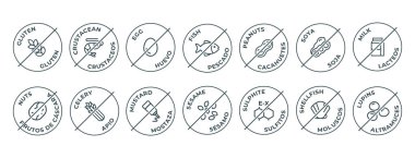 İzole Vektör Logosu İçerik Uyarı Etiketi. Siyah ve beyaz Alerjenler simgeleri. Yiyecek Hoşgörüsüzlüğü. İngilizce ve İspanyolca olarak yazılan 14 alerji maddesi.