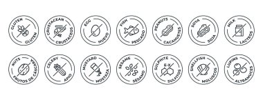 İzole Vektör Logosu İçerik Uyarı Etiketi. Siyah ve beyaz Alerjenler simgeleri. Yiyecek Hoşgörüsüzlüğü. İngilizce ve İspanyolca olarak yazılan 14 alerji maddesi.