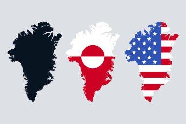 Grönland haritası. Grönland 'ın ilhak edilmesini ya da satın alınmasını protesto edin. EEUU ve Grönland bayrakları. Vektör illüstrasyonu
