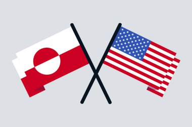 EEUU ve Grönland bayrakları. Vektör çizimi. Grönland 'ın ilhak edilmesine veya satın alınmasına karşı protesto.