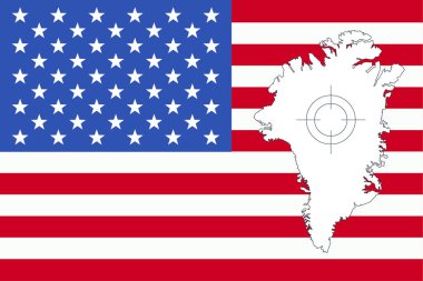 Grönland haritalı EEUU bayrağı. Vektör çizimi. Grönland 'ın ilhak edilmesine veya satın alınmasına karşı protesto.