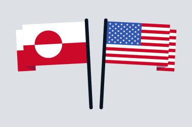 EEUU ve Grönland bayrakları. Vektör çizimi. Grönland 'ın ilhak edilmesine veya satın alınmasına karşı protesto.