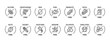 İzole Vektör Logosu İçerik Uyarı Etiketi. Basit Siyah ve Beyaz Daire Alerjenleri simgeleri. Yiyecek Hoşgörüsüzlüğü. İngilizce olarak beyan etmek için gereken 14 alerji maddesi. Boş