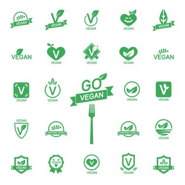 24 simgeler Vegan gıda, rozetler, amblem ve pul vektör ayarla ayarla