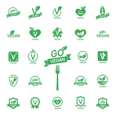 Set 24 Icons Vegan food, set of badges, emblems and stamps vector clipart