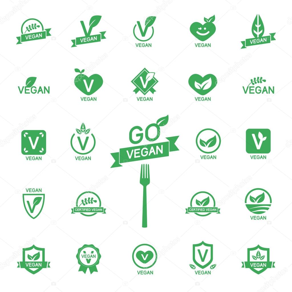 Set 24 Icons Vegan food, set of badges, emblems and stamps vector