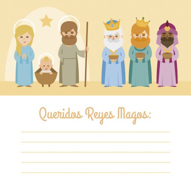 Vectorized letter with Christmas Baby Jesus Nativity with virgin Mary, Father Joseph and the three Kings of Orient wise men clipart