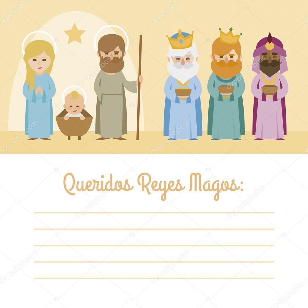Vectorized letter with Christmas Baby Jesus Nativity with virgin Mary, Father Joseph and the three Kings of Orient wise men