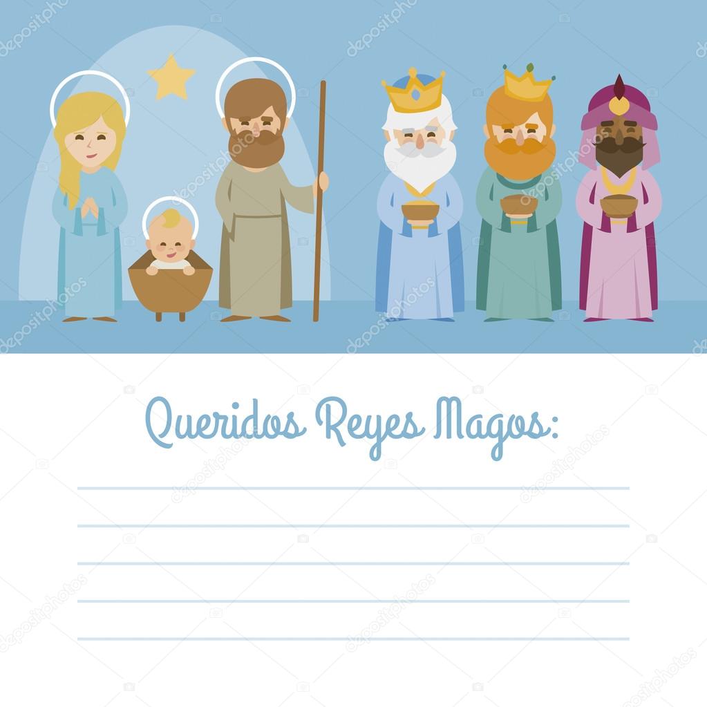 Vectorized letter with Christmas Baby Jesus Nativity with virgin Mary, Father Joseph and the three Kings of Orient wise men