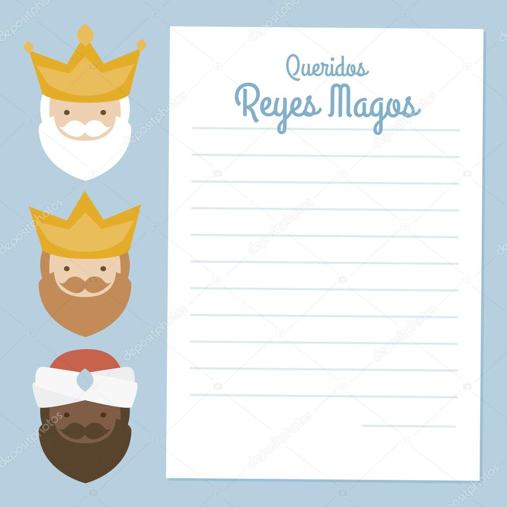 the three kings of orient. 3 magi. vectorized letter on a blue background. text: dear wise men