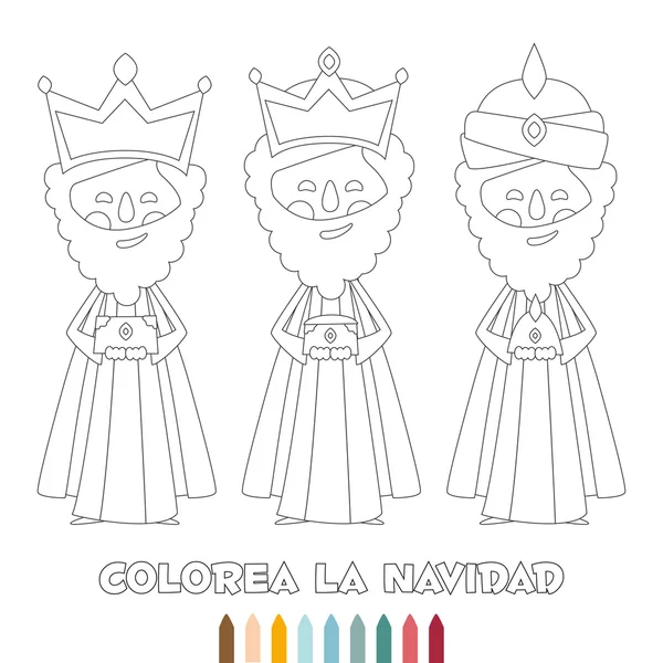Christmas monochrome outline, three wise men, coloring, vector — Stock Vector