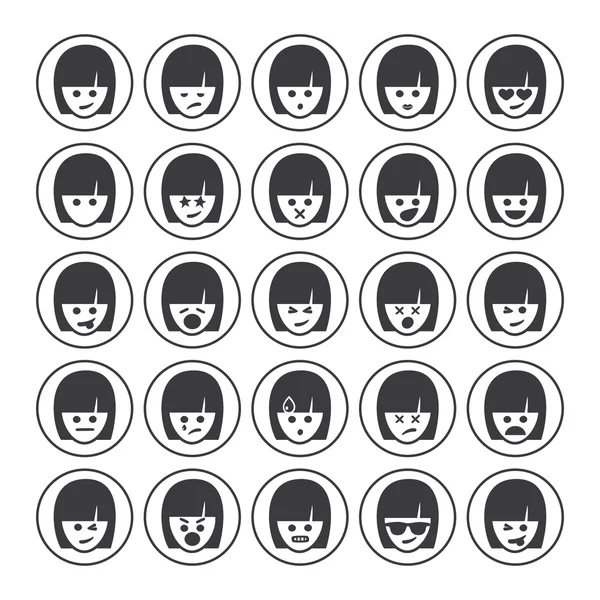 Conjunto de diferentes mujeres emoticonos vector. Emoji iconos que representan un montón de reacciones, personalidades y emociones — Archivo Imágenes Vectoriales