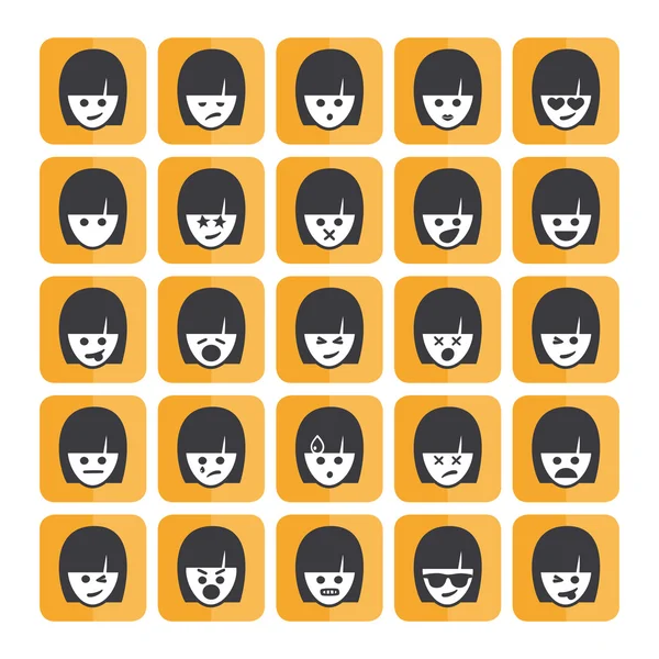 Állítsa be a különböző téglalap alakú nő hangulatjelek vektor, a fehér arc. Emoji ikonok képviselő sok reakciók, a személyiség és az érzelmek — Stock Vector