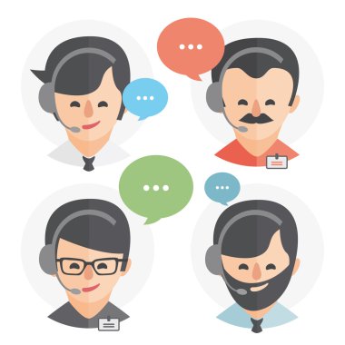 Çağrı Merkezi operatörü ile kulaklık web simgesi tasarım. Erkek çağrı merkezi avatar küme. Müşteri Hizmetleri ve iletişim, müşteri destek, telefon yardım, bilgi, çözümler. Vektör