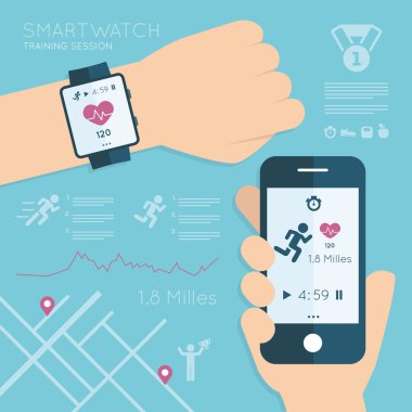 Takılabilir. Cep telefonu ve smartwatch ekranda çalışan app vektör. Sağlık - düz stil gösterimde izleme Modern teknoloji donatımı