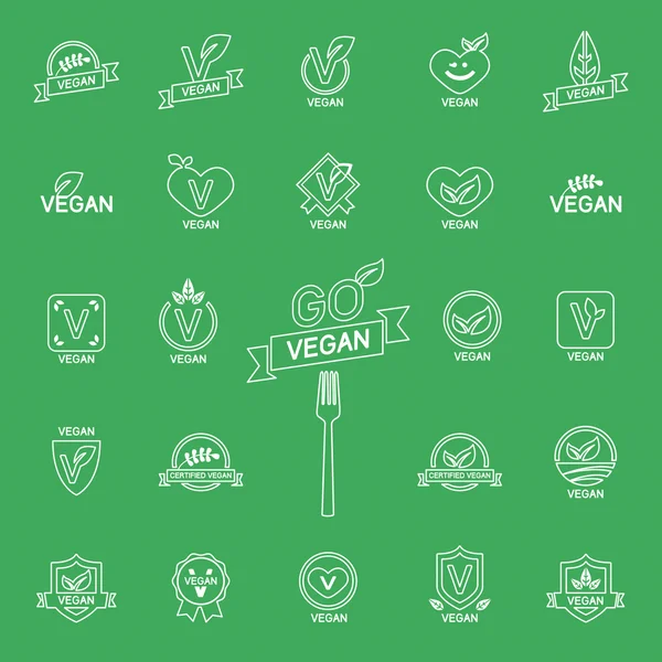 Branco linha fina ícones conjunto 24 ícones Vegan food, conjunto de emblemas, emblemas e selos vetor no fundo de cor —  Vetores de Stock