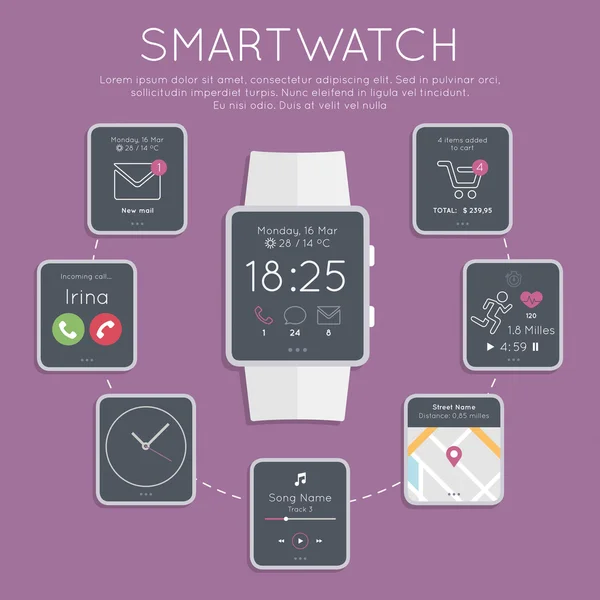 직사각형 smartwatch 가제트, 전화 통화, sms, 메일, 음악 미디어 플레이어, 위치, 실행의 평면 디자인 스타일 현대 벡터 일러스트 컨셉... — 스톡 벡터