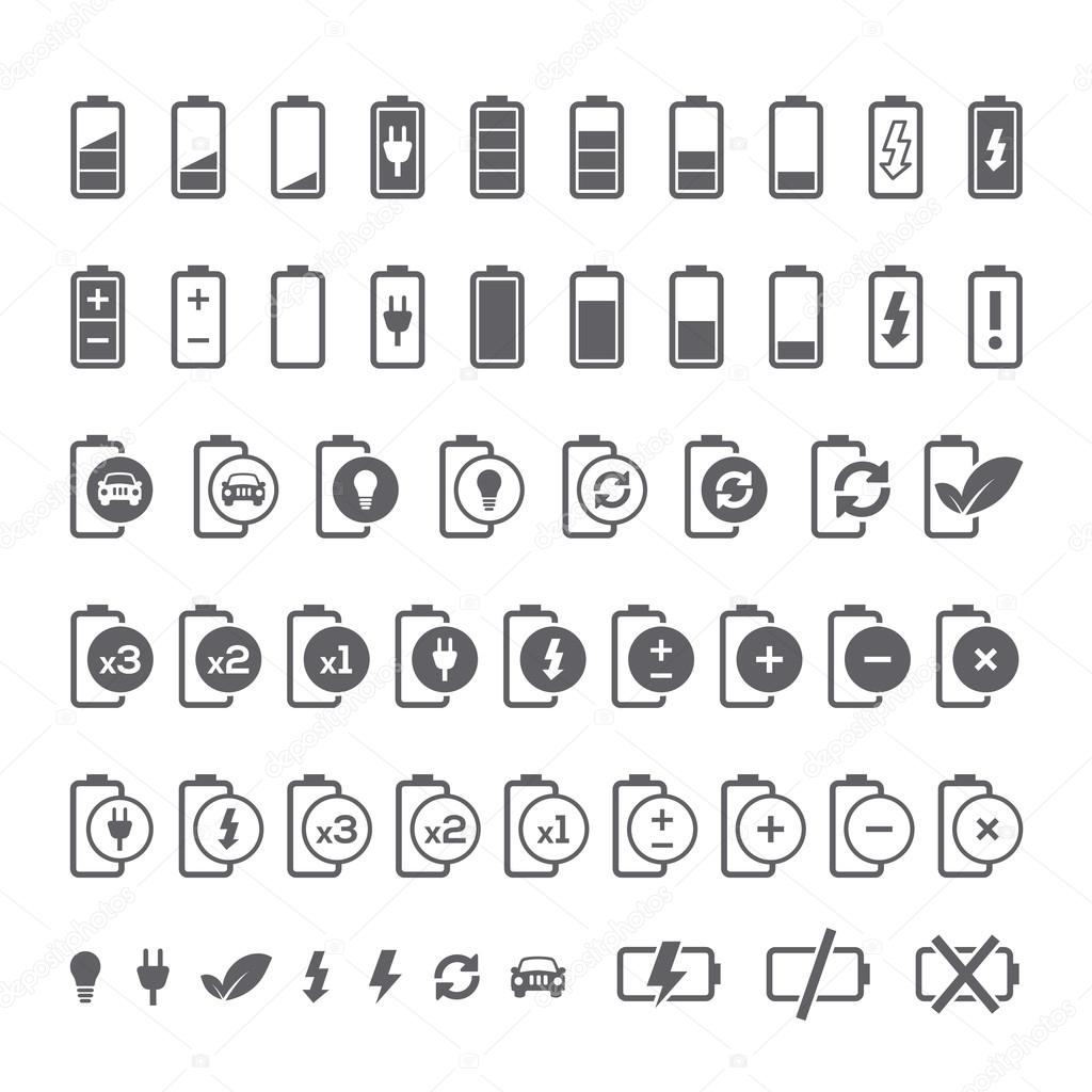 Icon set of battery charge level indicators for interface. Vector illustration.