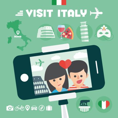 Romantik seyahat. Monopod Selfie öz portre aracı. İtalya düz simgeleri tasarım seyahat Concept.Vector