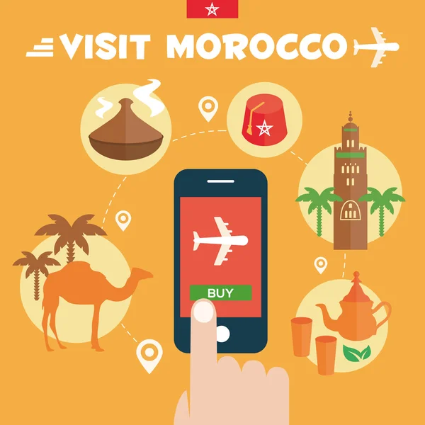 Compra la entrada. Morocco Flat Icons Design Travel Concept (en inglés). Viaje de aventura. Vector — Vector de stock