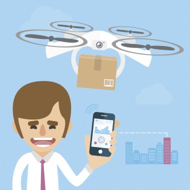 Businessman is flaying a drone. Send a package concept